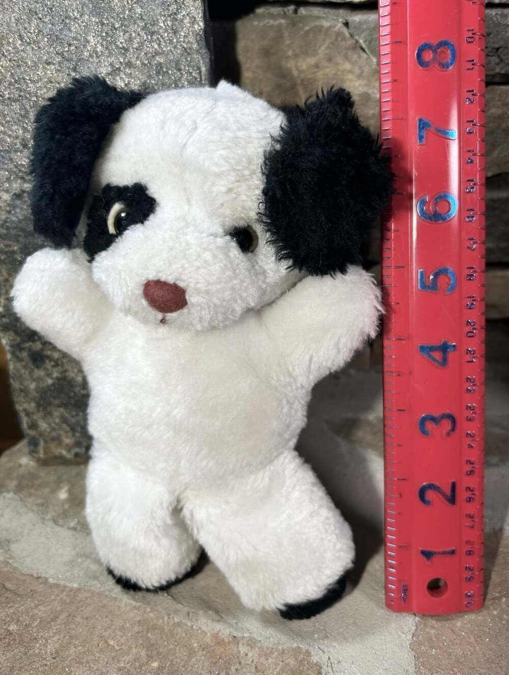 Vintage Russ Black and White standing Puppy Dog with black patch over eye